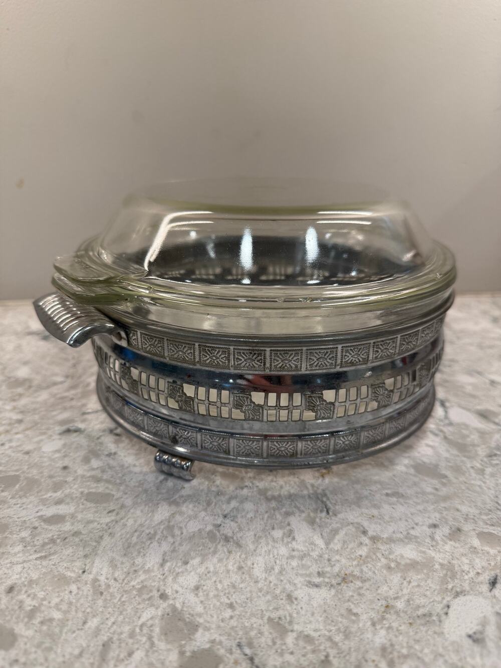 Vintage Pyrex Glass Casserole Dish  w Silver-plated Metal Serving Stand